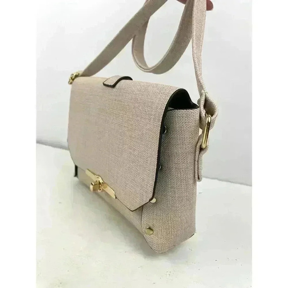 Beige Shoulder Bag Gold Round Handle Crossbody Purse - Handbag Gold Hardware - Picture 8 of 13